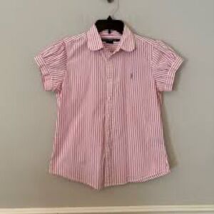 Ralph Lauren Pink-White Striped ButtonDown ShortSleeve Blouse w/ Light Blue Pony